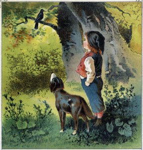 Henri observa un mirlo en una rama en el bosque, reflexionando sobre su vida si fuera un pájaro. Cromolitografía de 