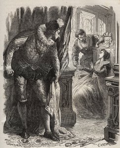 Henry Stuart conocido como Lord Darnley (1545-1567) sorprendió a su esposa, la Reina María I de Escocia (1542-1587), con su secretario privado, David Rizzio (d. 1566). Grabado de 1871 en "Histoire Des Cocuses Celebres" de Henry de Kock (1819-1892)