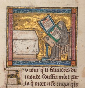 Ermitaño escribiendo en un escritorio, miniatura de "Estoire del Saint Graal, La Queste del Saint Graal, Morte Artu", c.1315-25 (tinta sobre pergamino) de French School