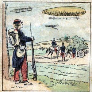 Historia del aluminio. Construcción de partes de aviones y globos aerostáticos de aluminio cuyo peso ligero permite un vuelo más fácil. Imagen de Épinal, finales del siglo XIX. Colección privada de French School
