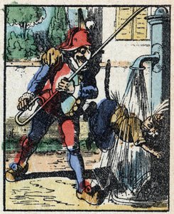 Historia del Dr. Pulcinella (Polichinela). Grabado en madera de Imagerie Pellerin - Epinal, sd. Finales del siglo XIX.