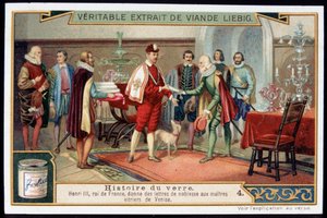 Historia del vidrio: Enrique III (1551-1589) Rey de Francia otorga cartas de nobleza a los maestros vidrieros de Venecia. Finales del siglo XIX cromolitografía Liébig