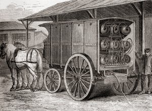 Vehículo tirado por caballos utilizado para transportar gas comprimido en contenedores portátiles en el siglo XIX, de Les Merveilles de la Science, publicado c.1870 (grabado) de French School