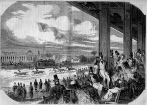Carreras de caballos en el hipódromo de Chantilly en 1858. de French School