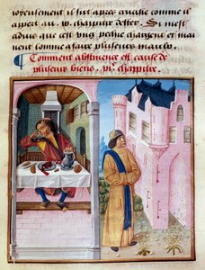Cómo la abstinencia es la causa de muchos bienes: a la izquierda un hombre pareja de la avaricia y bebiendo con exceso y a la derecha un hombre sobrio alimentando la virtud y dominando la carne. Miniatura de "Le livre de bonnes moreurs de Jacques Legrand".
