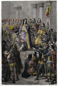 Hugo Capeto elegido Rey - Coronación de Hugo Capeto (ca. 941-996), Rey de Francia, 3 de julio de 987 en Noyon, por Adalberón (ca. 925-990), arzobispo de Reims