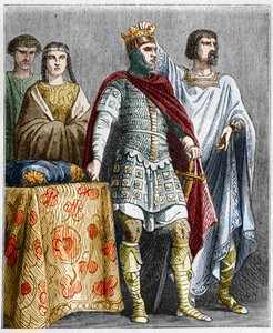 Hugues el Grande (897-956) corona a Raoul o Rodolfo de Borgoña (circa 890 - 936), Duque de Borgoña y Rey de Francia. Grabado en "Historia de Francia en Cien Pinturas por Paul Lehugeur" 1891