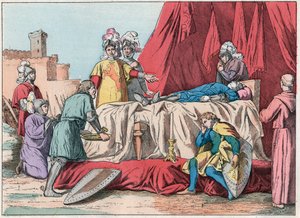 Guerra de los Cien Años: “La muerte de Bernard du Guesclin (1320-1380) frente a Châteauneuf de Randon el 13/07/1380” - Muerte de Duguesclin (durante el asedio de Châteauneuf-de-Randon el 13 de julio de 1380) - Grabado de finales del siglo XIX en “Nos Gires