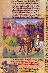 Guerra de los Cien Años: "el rey de Francia Juan II el Bueno (1319-1364) es hecho prisionero por los ingleses en la batalla de Poitiers el 19/09/1356" Miniatura de las Crónicas de Jean Froissart (1337-1400) Siglo XV Chantilly, Museo Conde de French School