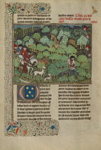 Cazadores persiguiendo a un ciervo, c.1430-40 (témpera, pintura dorada, pintura plateada y pan de oro)