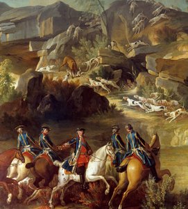 Escena de caza. Los jinetes se dirigen hacia la cierva atrapada por los perros. Detalle de una pintura anónima del siglo XVIII. Gien, Museo de la Caza de French School