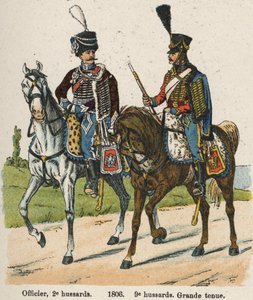 Húsares 1er vendimiario Año XII (24 de septiembre de 1803): Oficial, 2º húsares y 9º húsares en gran uniforme en 1806. Lámina del libro Les Uniforms de l