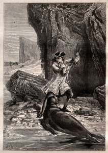 Hundí mi pala en su pecho: Woodes Rogers (1679-1732) atacado por un perro marino (foca) en una de las islas Galápagos en el Océano Pacífico en 1709 - ilustración tomada de 