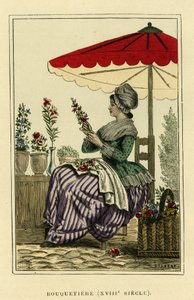 Traje de cabra montés del siglo XVIII. Grabado en color, en "France et les francais a travers les centuries" de Augustin Challamel, F.Roy editor, París 1882. Colección Selva. de French School