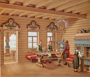 Interior idealizado de una izba rusa, c.1880 (grabado en color)