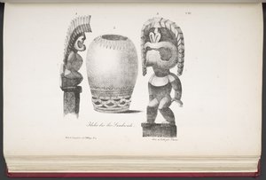 Ídolos de las Islas Sandwich, de Pintoresco Viaje alrededor del Mundo, con Retratos de Salvajes de América, Asia, África y las Islas del Gran Océano; paisajes, vistas al mar y varios objetos de historia natural; acompañado de