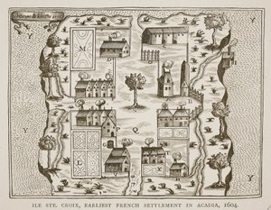 Ile Ste. Croix, el primer asentamiento francés en Acadia, 1604, de Viajes por Samuel de Champlain (c.1580-1635), 1613