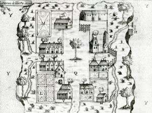 Ile Ste. Croix, el primer asentamiento francés en Acadia, 1604, de Viajes de Samuel de Champlain, 1613