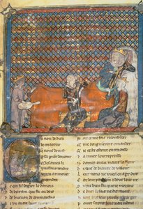 Página iluminada de una antología, mostrando de izquierda a derecha, Adenet le Roi, un juglar del duque Enrique; el conde Guy de Flandes; María, reina de Francia y esposa de Felipe el Atrevido (1342-1404); y Mada de French School