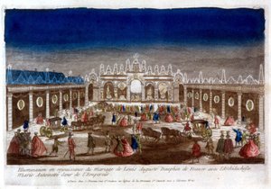 Iluminación en celebración del matrimonio de Luis Augusto, delfín de Francia (Luis XVI), con la Archiduquesa María Antonieta, hermana del Emperador - grabado de French School