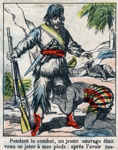Ilustración para el libro de Daniel Defoe “Robinson Crusoe”. Imagen de Epinal de finales del siglo XIX. de French School