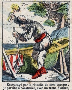 Ilustración para el libro de Daniel Defoe "Robinson Crusoe". Imágenes de Epinal de finales del siglo XIX. de French School