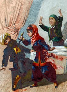 Ilustración para los Cuentos de las Mil y Una Noches. El capitán se disfraza de nuevo y regresa a Alí Babá, pero Morgiane lo reconoce y lo apuñala durante un baile de French School