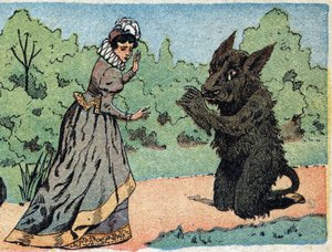 Ilustración para el cuento “La Bella y la Bestia”: la bestia pregunta a la bella que de repente se asusta. Grabado de Quinn imagery, circa 1890.
