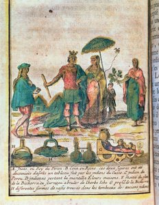 Ilustración de una historia de Perú que muestra a un rey y una reina incas con asistentes indios y un diagrama de una bicharra