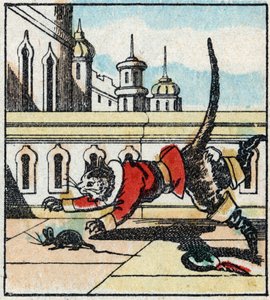 Ilustración del cuento de Charles Perrault "El gato con botas". Grabado en madera de Imaging Pellerin - Epinal, finales del siglo XIX.