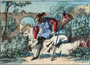 Ilustración de la fábula de Jean de la Fontaine (1621-1695): el lobo se convirtió en pastor. Imagen de Épinal de finales del siglo XIX. de French School