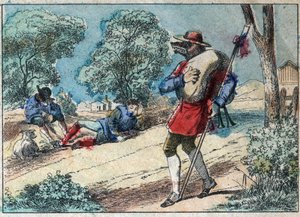 Ilustración de la fábula de Jean de la Fontaine (1621-1695): el lobo se convirtió en pastor. Imagen de Épinal de finales del siglo XIX. de French School