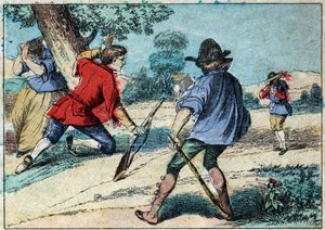 Ilustración de la fábula de Jean de la Fontaine (1621-1695): el lobo se convirtió en pastor. Imágenes de Epinal de finales del siglo XIX. de French School