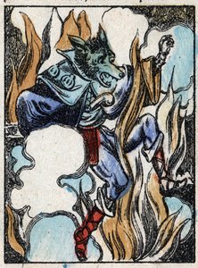 Ilustración del cuento "El lobo, la cabra y los siete cabritillos". Grabado en madera de Imaging Pellerin - Epinal, sd. Finales del siglo XIX.