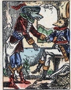 Ilustración del cuento “El lobo, la cabra y los siete cabritos”. Grabado en madera de Imaging Pellerin - Epinal, finales del siglo XIX.