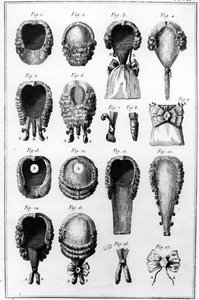 Ilustraciones de varios estilos de pelucas, lámina VII, vol.8, de la Encyclopedie des Sciences et Metiers por Diderot, publicada c.1770 de French School
