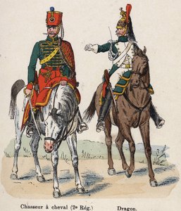 Guardia Imperial Napoleón I: Cazador a Caballo (2º Regimiento) y Dragón. Lámina del libro Les Uniforms de l