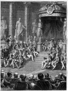 Sesión imperial en el Senado: discurso de Napoleón sobre la constitución del nuevo reino de Italia en 1805 - en “Historia del imperio en continuación a la historia del consulado” por Adolphe Thiers - 1879 - colección privada de French School
