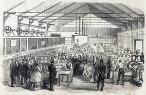 La emperatriz Eugenia y el Príncipe Imperial visitan el Banco de Francia, 23 de junio de 1866 - impresión de billetes - grabado en Le MONDE Illustre DU 07/07/1866