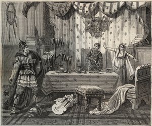 En 978 Lotario (941-986), Rey de los Francos, entró en el palacio de Otón II del Sacro Imperio (955-983) y su esposa Teófano en Aquisgrán, pero la familia imperial logró capturarlo. Ilustración en "París a través del siglo". de French School