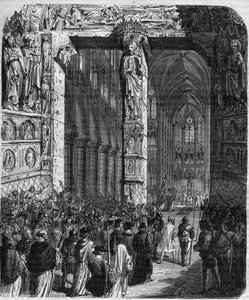 En Canossa, el Emperador Enrique IV del Sacro Imperio Romano (1050 - 1106) con vestimenta penitente implora el perdón del Papa Gregorio VII (Hildebrando: 1015/20 - 1085) haciendo enmiendas honorables. Crímenes de la Reina Rey y Emperadores a través de los 