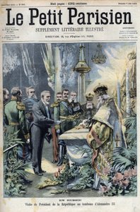 En Rusia: visita del Presidente Émile Loubet (1838-1929) a la tumba de Alejandro III (1845-1894), Emperador de Rusia, en "Le Petit Parisien" de French School