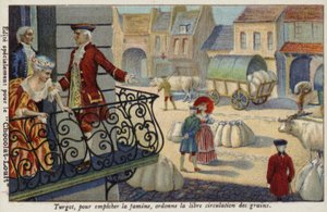 Para prevenir la hambruna, Anne-Robert-Jacques Turgot ordena la distribución gratuita de grano, Francia, c1770