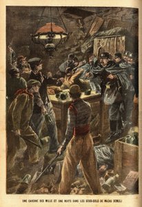 En persecución de dos ladrones, Avenue Daumesnil, en París, la policía encuentra el escondite de una banda de delincuentes en uno de los sótanos de la antigua prisión Mazas demolie, donde almacenan su botín y se ocultan desde hace varios meses. Grabado en  de French School