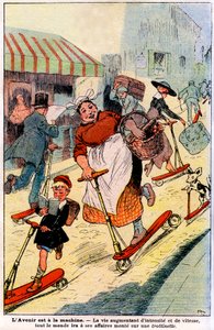 En el futuro, la vida aumentando en intensidad y velocidad, todos irán a sus negocios en un scooter. 1919 (grabado)