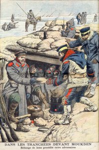 En las trincheras antes de Mukden, Guerra Ruso-Japonesa. Tropas japonesas y rusas intercambiando comida y bebida. En la trinchera frente a Mukden. Intercambio de buenos procesos entre oponentes. Ilustración para Le petit Journal, 22 de enero de 1905.
