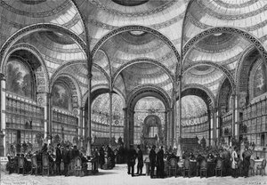 Inauguración de la nueva sala de lectura de la Biblioteca Imperial de París, el 13 de junio de 1868, construida por el arquitecto Pierre Francois Henri Labrouste (1801-1875). Grabado en "Le Monde Illustre" n°585 del 27 de junio de 1868.