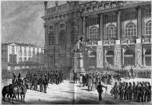 Inauguración del monumento sardo por Vincenzo Vela (1820-1891), en la Plaza del Castillo en Turín (Italia) el 10 de abril de 1859. Detrás de la estatua está el "Palazzo Madama". Basado en los bocetos del Sr. Ferry. Grabado en "Le Monde Illustré" n°106 del  de French School