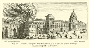 Incendio de una parte de la Sorbonne en 1670, según un grabado de la época comunicado por M. A. Bonnardot
