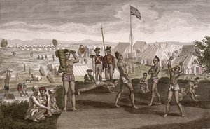 Guerreros indios ejercitándose con una vista del campamento de los residentes ingleses, c.1810 de French School